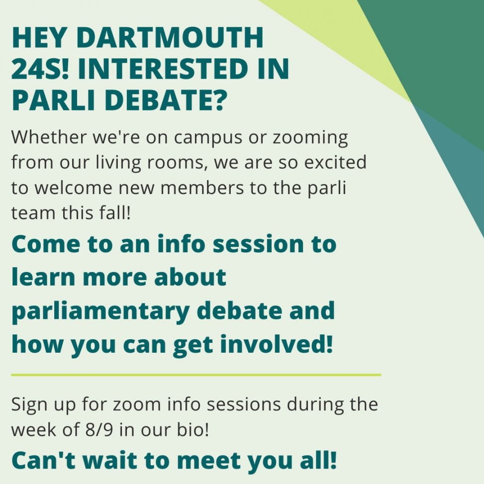 Come learn about Parli Debate on Wednesday at 6 EST! Dartmouth