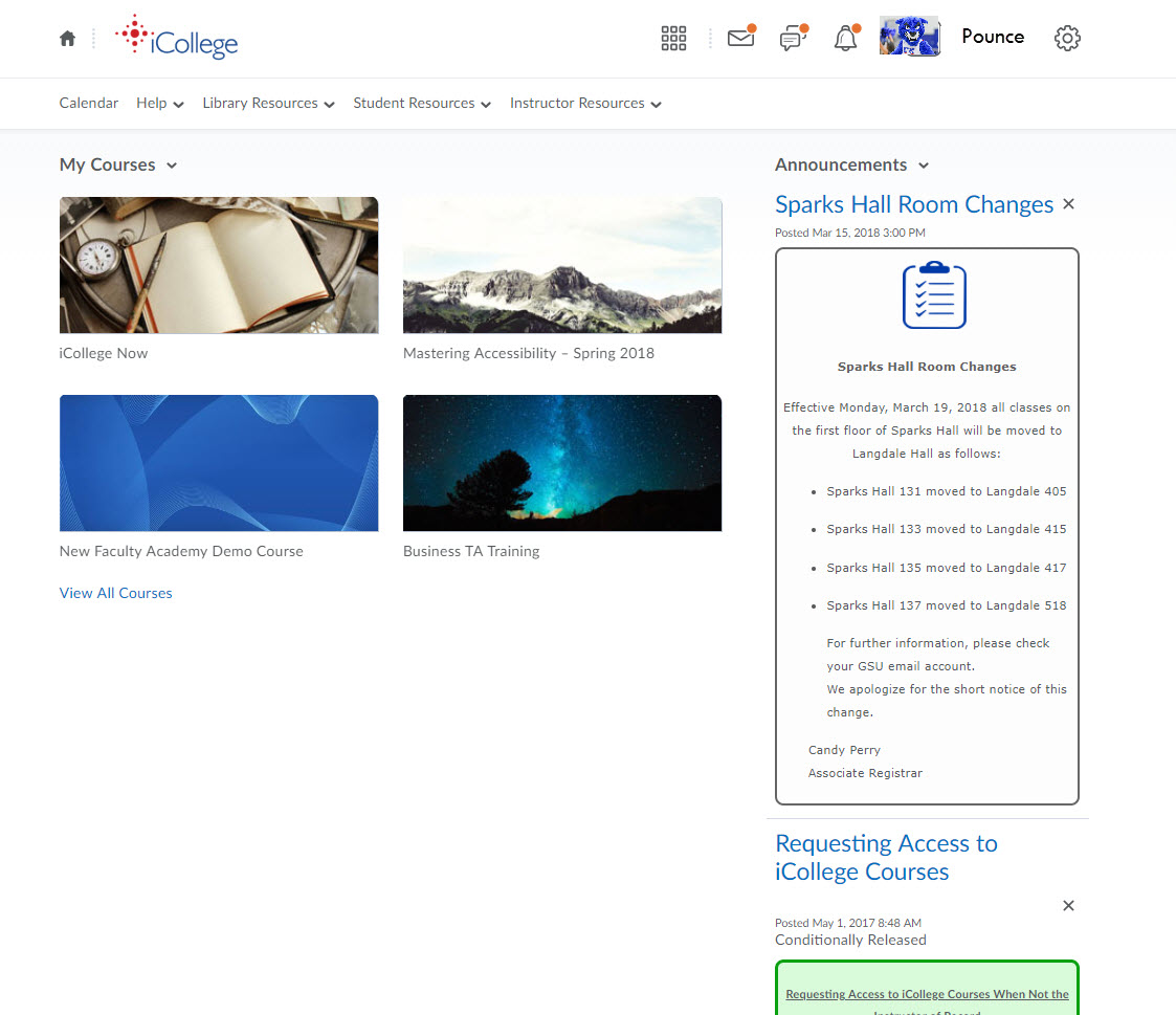 The iCollege Home Page iCollege Now