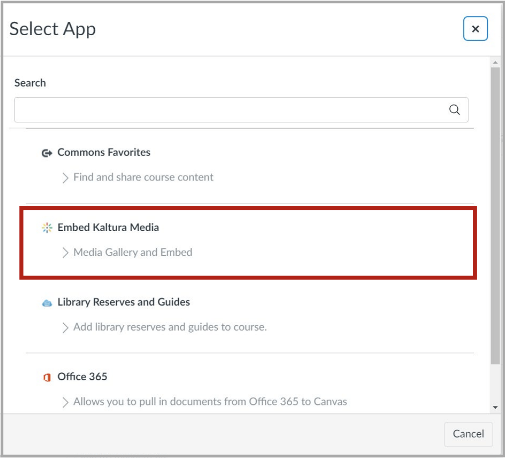 Where is the Kaltura video embed tool in the Canvas content editor? EODL