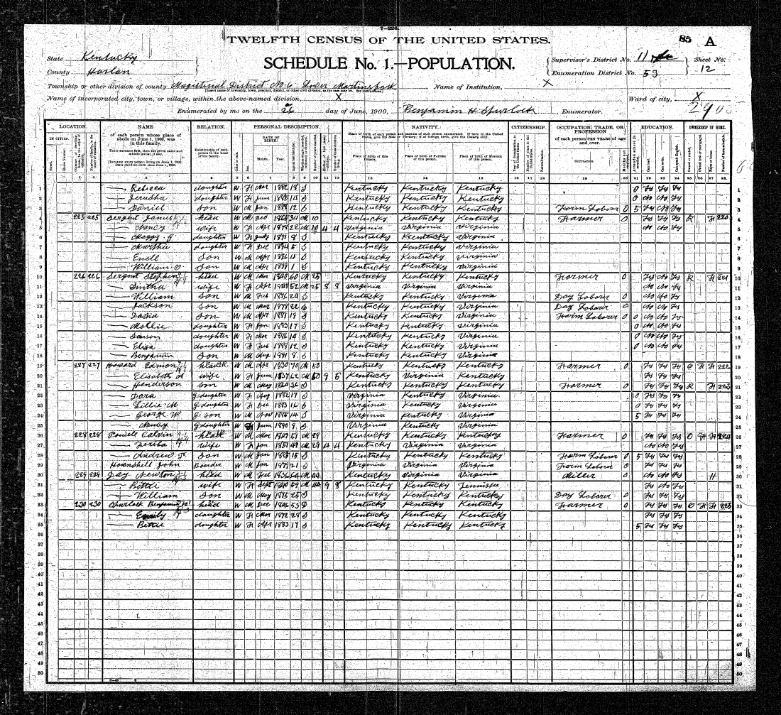 1900 Harlan, Ky Census Surnames