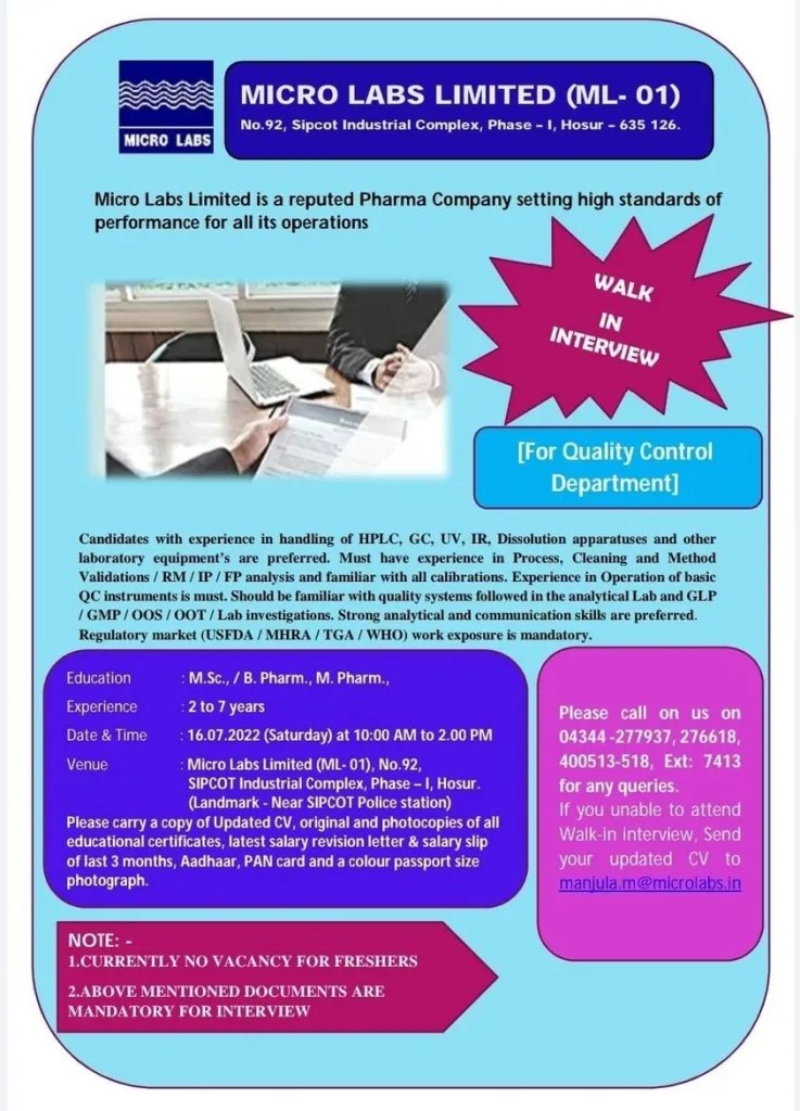 Micro Labs Limited WalkIn Interviews on 16th July’ 2022 for Quality