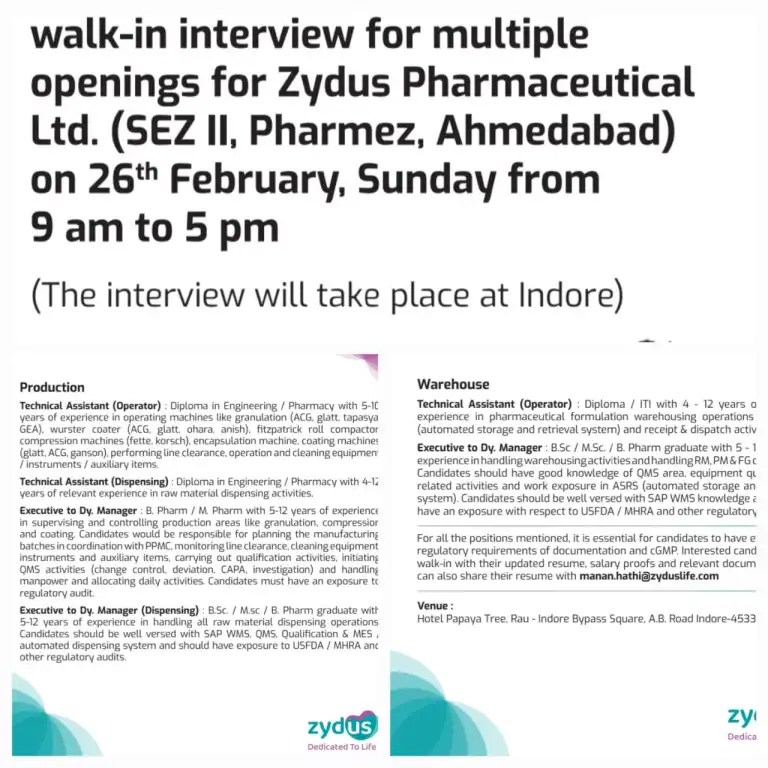 ZYDUS Pharmaceuticals Ltd WalkIns on 26th Feb’ 2023 for Multiple