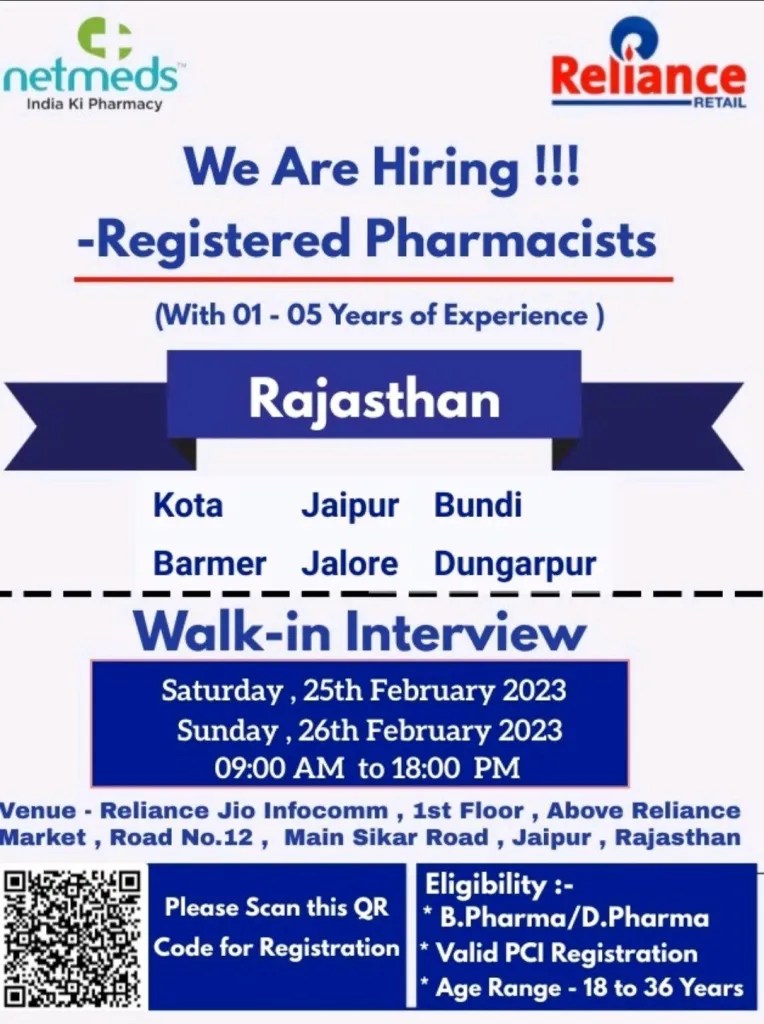 Reliance Retail Pharmacy Stores) WalkIns on 25th & 26th Feb