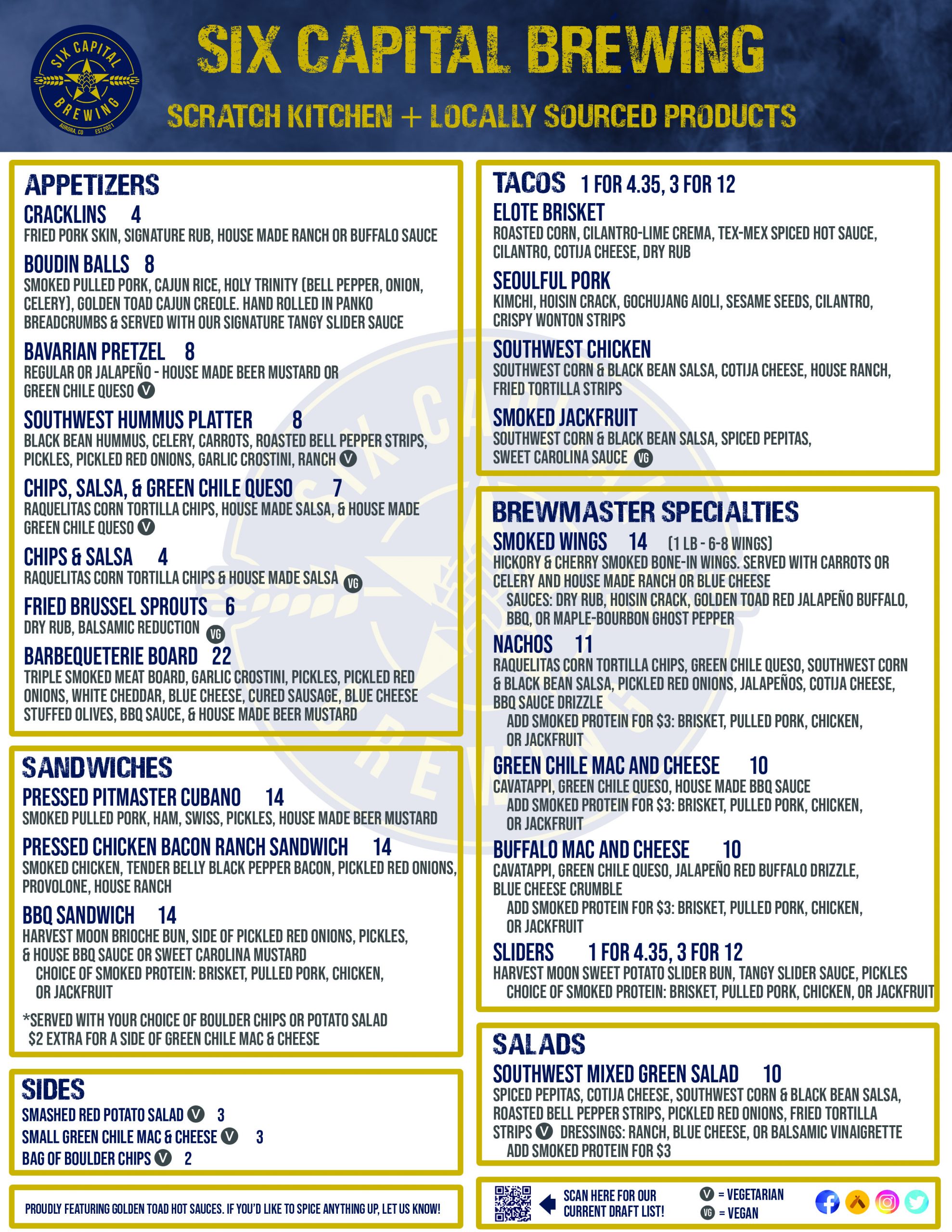 Menu Six Capital Brewing and BBQ Award Winning Colorado Craft Beers