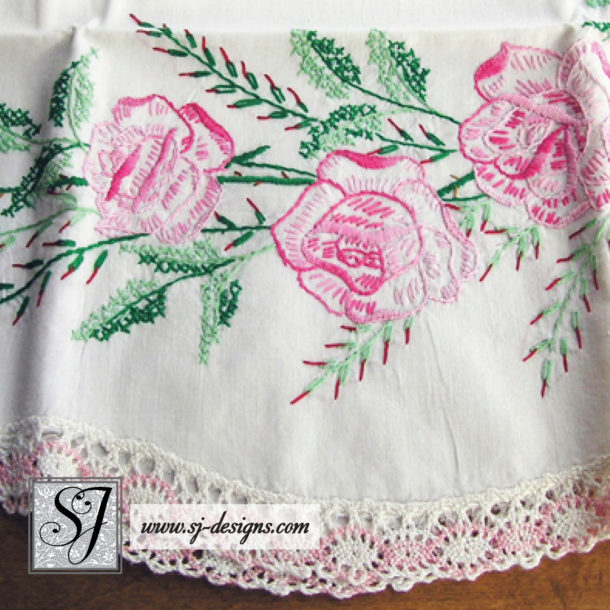 vintage pair handembroidered pillowcases with pink roses & lace trim