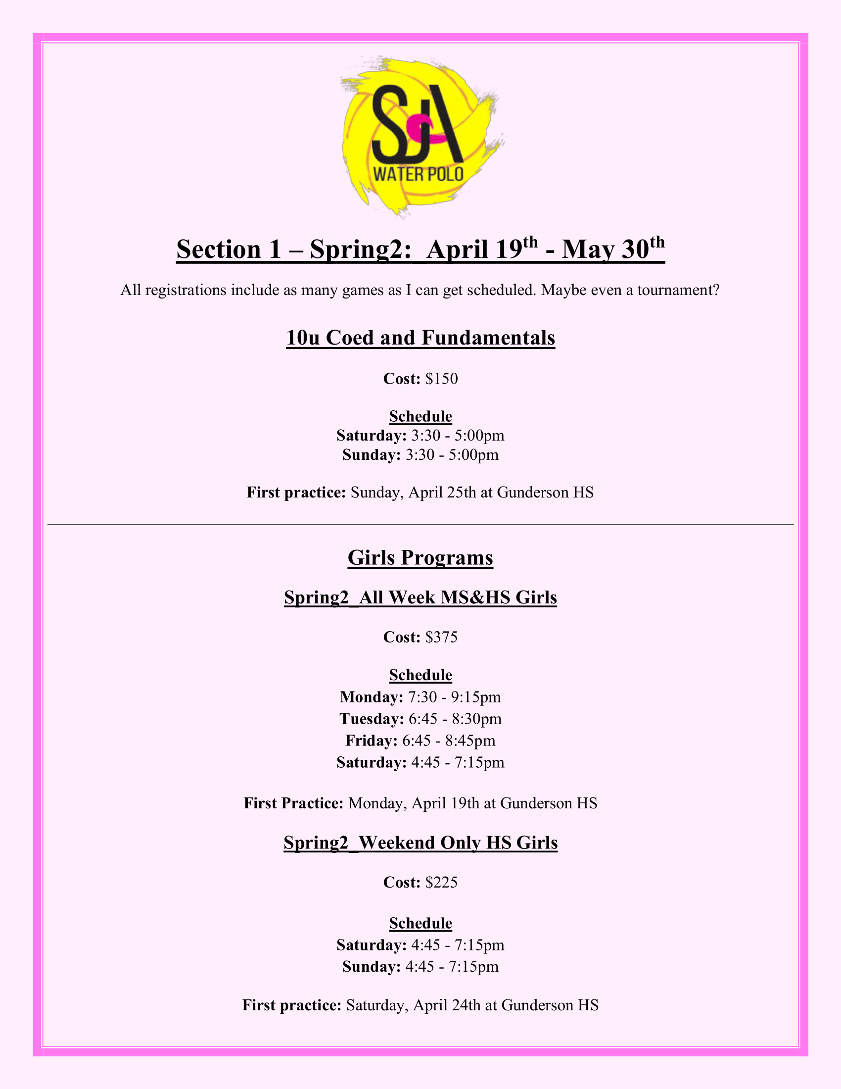 2021 Spring2 and Summer Flyer and Calendar SJA Water Polo Club
