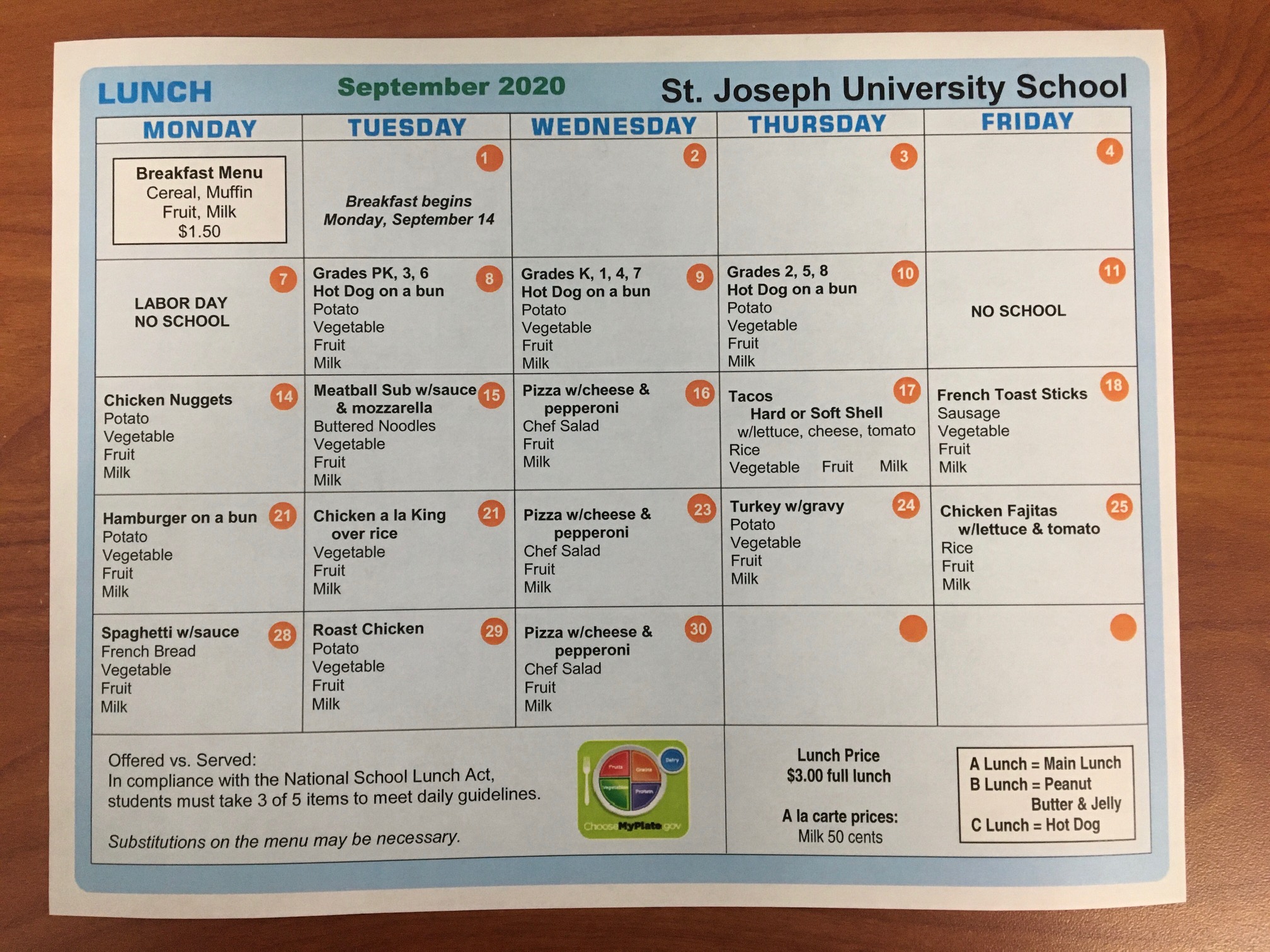 Lunch Menu St. Joseph School
