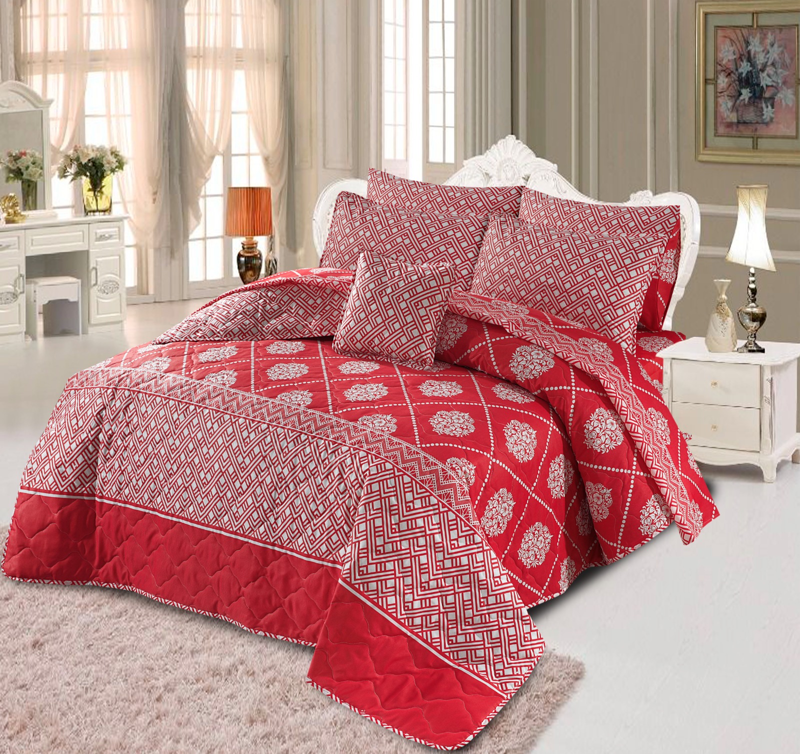 King Size Cotton Comforter Set (7 Pcs) {Design SJC 1073} SJ Store