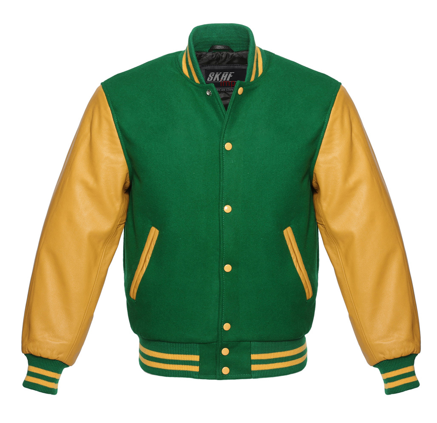 Letterman Varsity Jacket Wool & Real Leather Green/Gold SKAF IMPEX