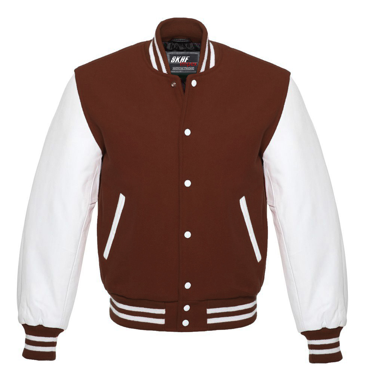 Letterman Varsity Jacket Wool & Real Leather Dark Brown/White SKAF IMPEX