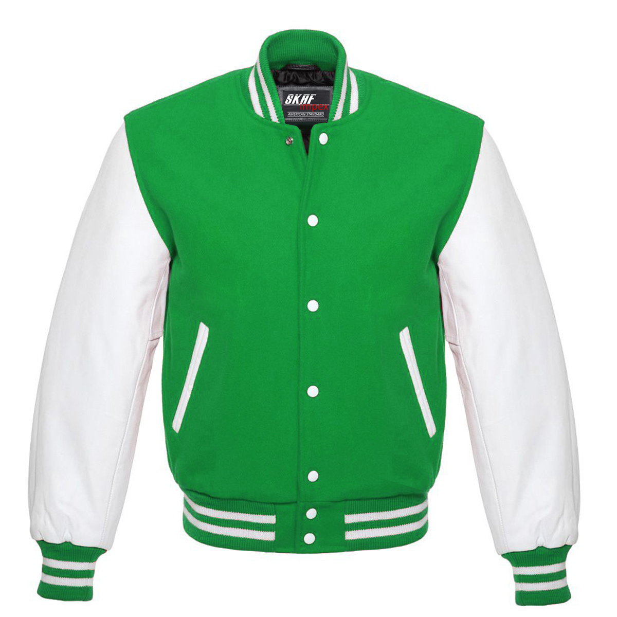 Letterman Varsity Jacket Wool & Real Leather Green/White SKAF IMPEX