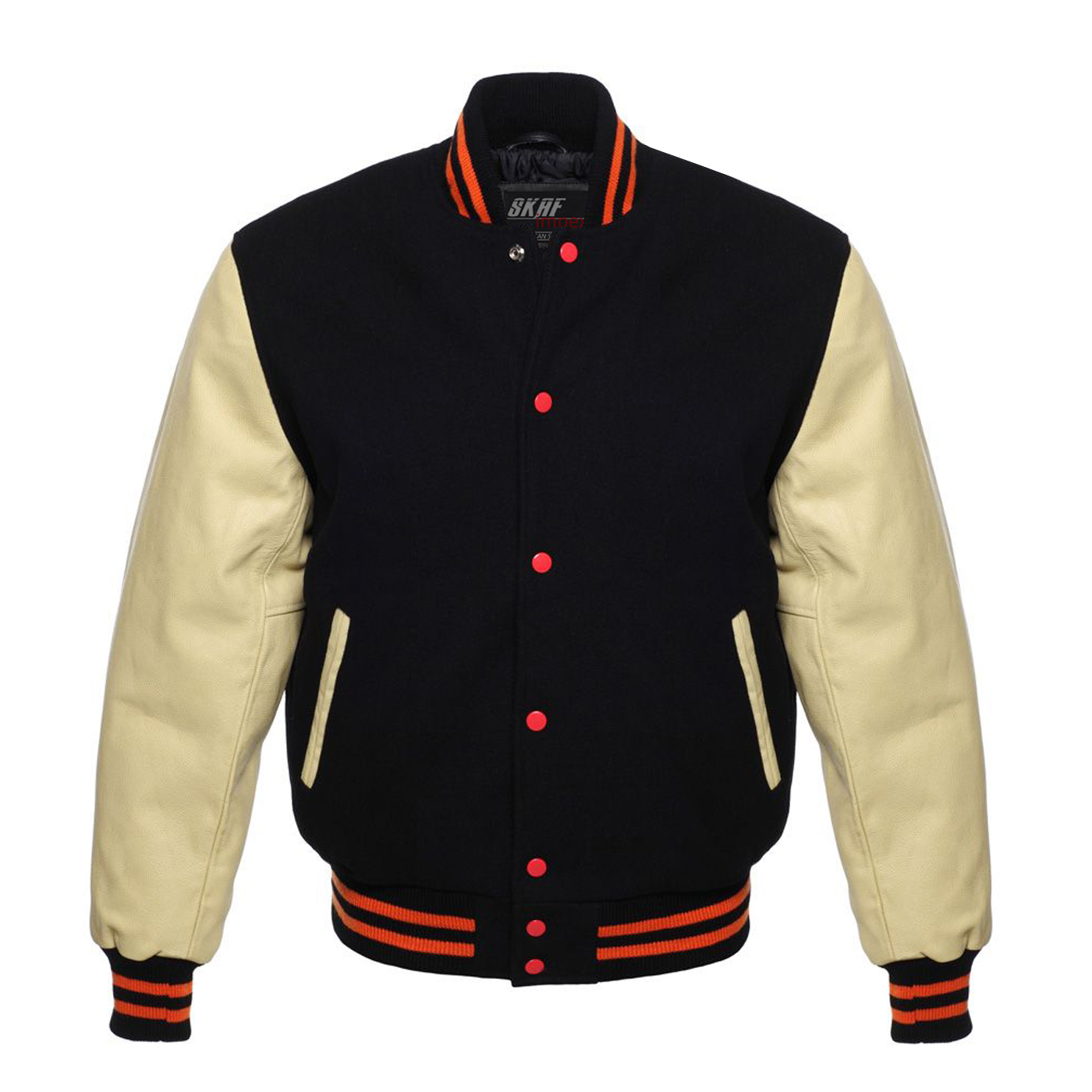 Letterman Varsity Jacket Wool & Real Leather Black/Cream/Orange SKAF