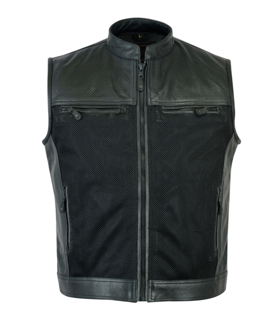 Men's Genuine Cow Perforated Leather & Mesh Biker Motorcycle Waistcoat