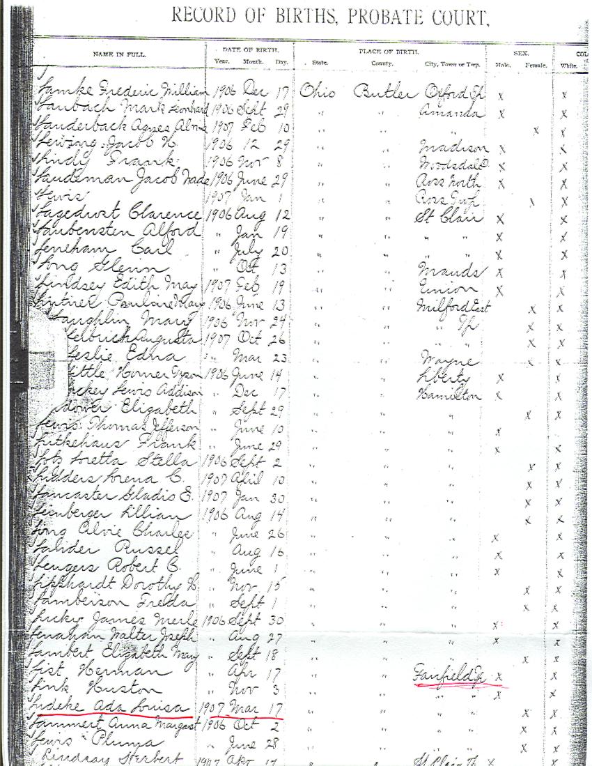 Butler County Probate Court Record of Births