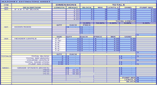 Masonry Estimating Sheet