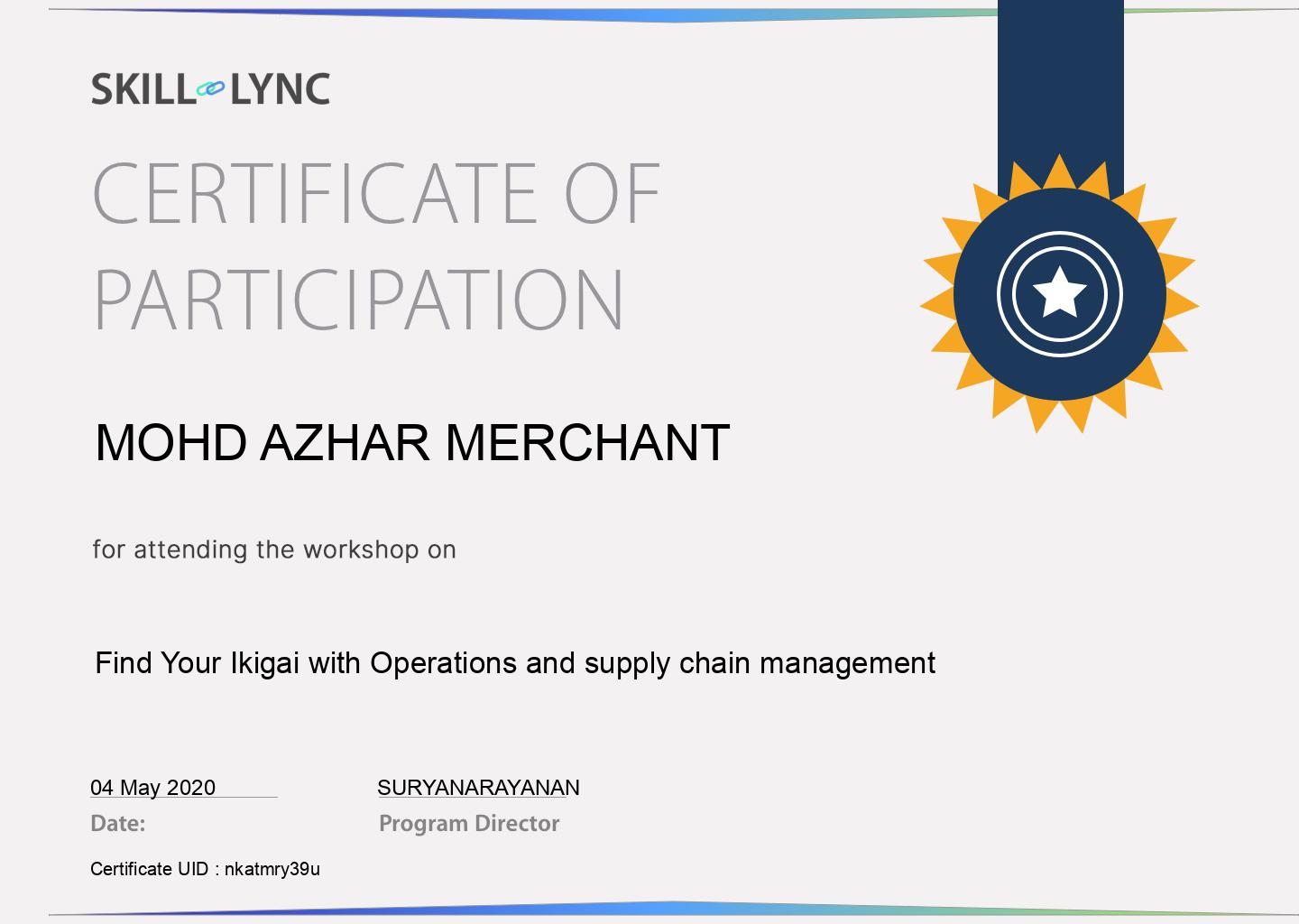 MOHD AZHAR MERCHANT's Find Your Ikigai with Operations and supply chain