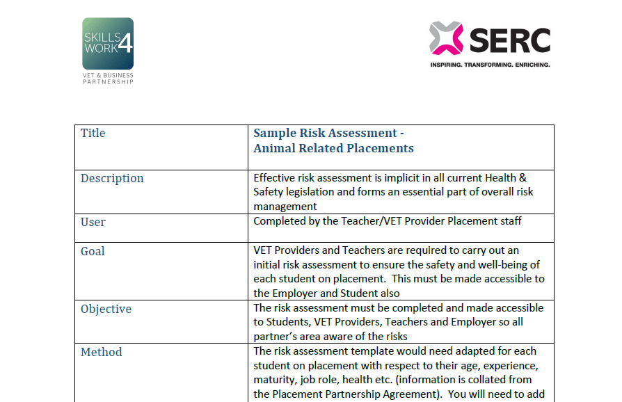 Sample Risk Assessment Animal Related Placements Skills4Work Project