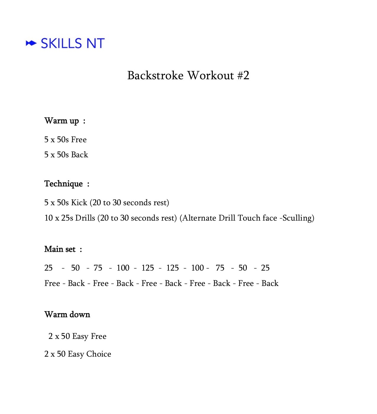 backstroke workouts - SkillsNT Swimming