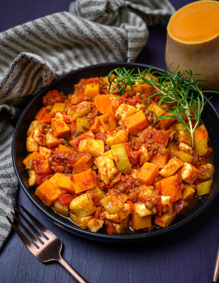 Roasted Vegetable Tray Bake with Lentils and Halloumi Skinny Spatula