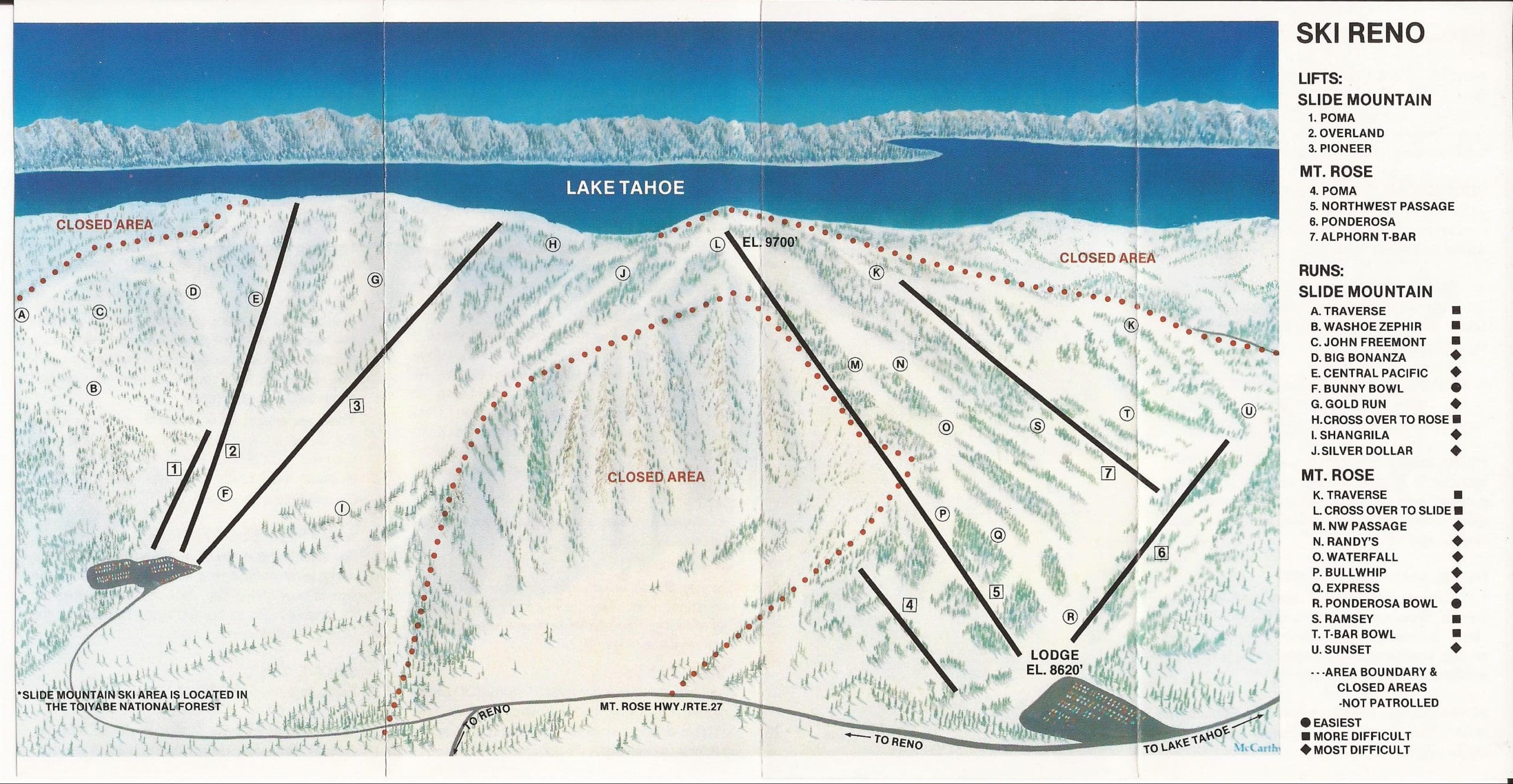 Trail Map Ski Reno (Mt. Rose & Slide Mountain) 1978/79 Mt. Rose Ski