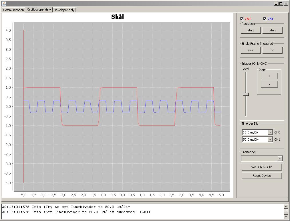 SKÅL FPGA based Oscilloscope with universal Java Oscilloscope GUI.