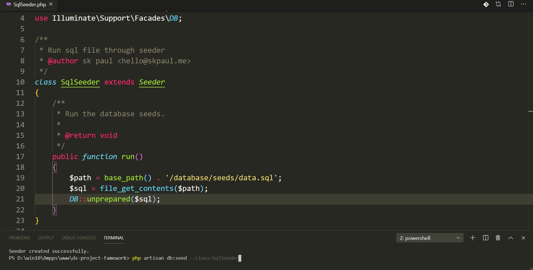 Run raw insert query or SQL file in Laravel seeder