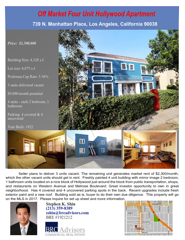 For Sale Off Market 4 Unit Apartment in Hollywood 5.56 Cap Rate