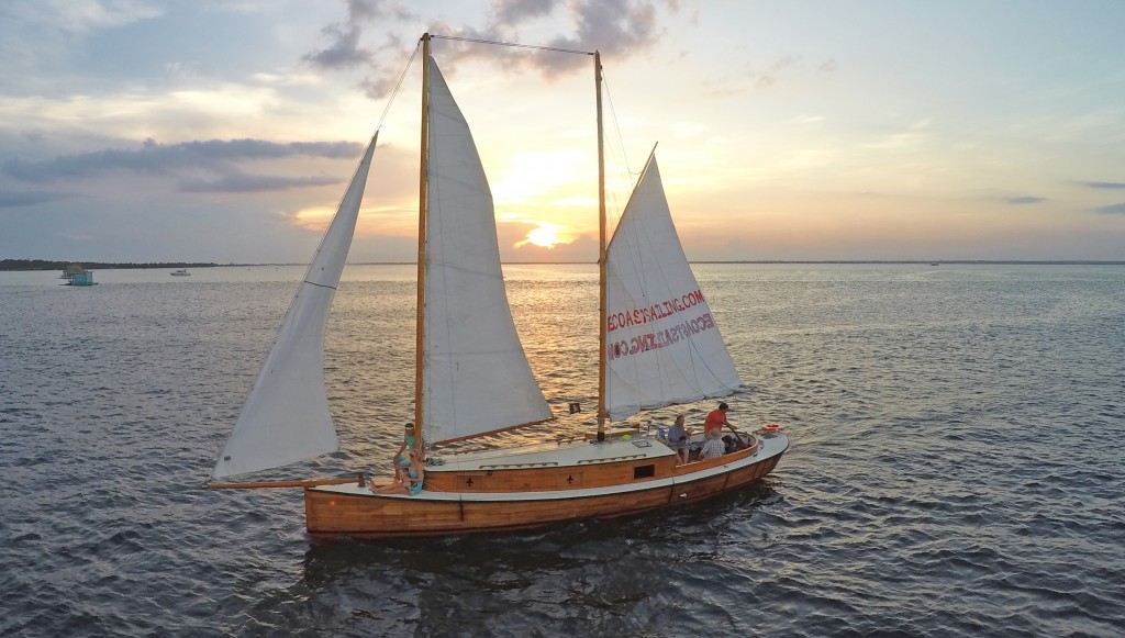 Sailing at Sunset Destin, FL aboard a 40ft Sharpie Schooner Drone