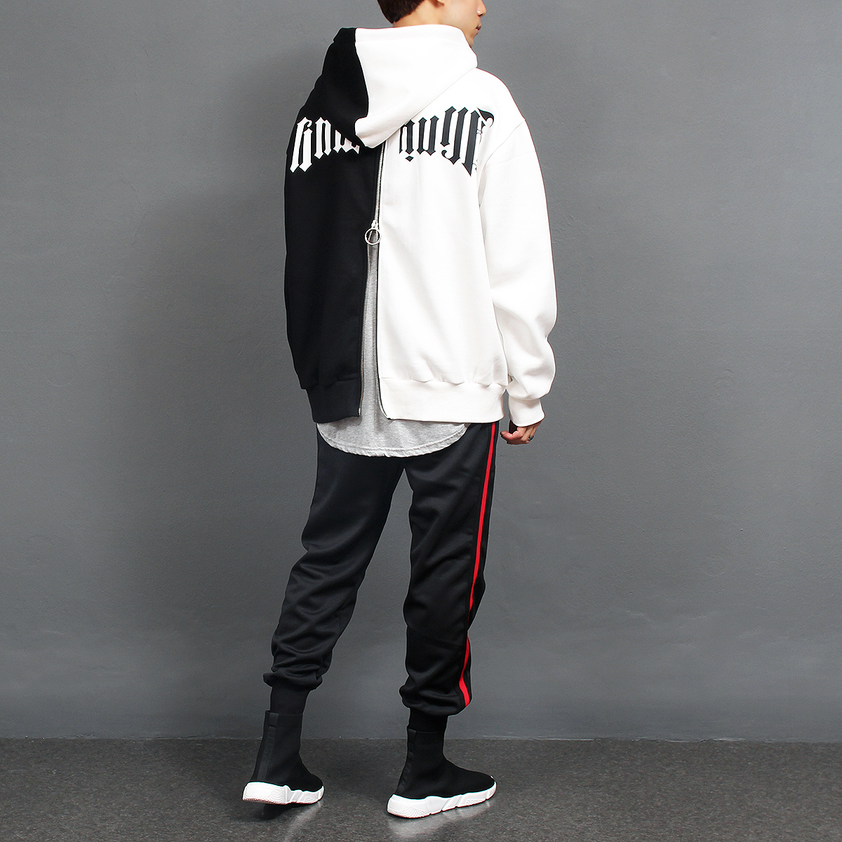 Contrast Half Color Printing Back Zip Up Hoodie Gentler