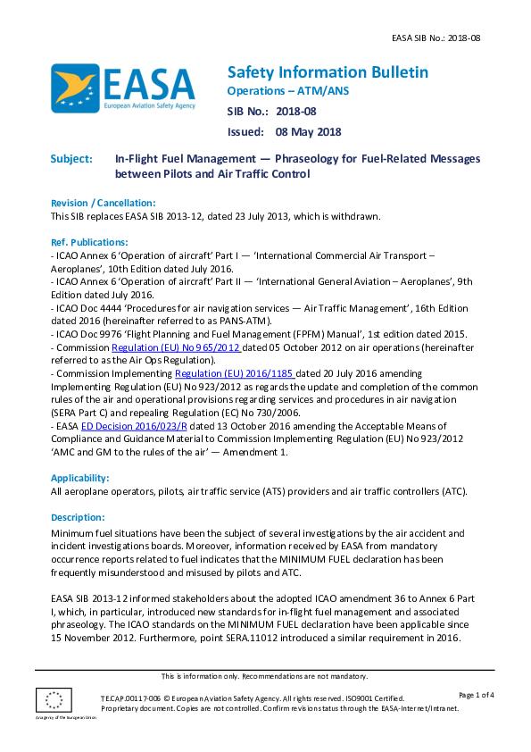 EASA SIB No 201808 InFlight Fuel Management Phraseology for Fuel