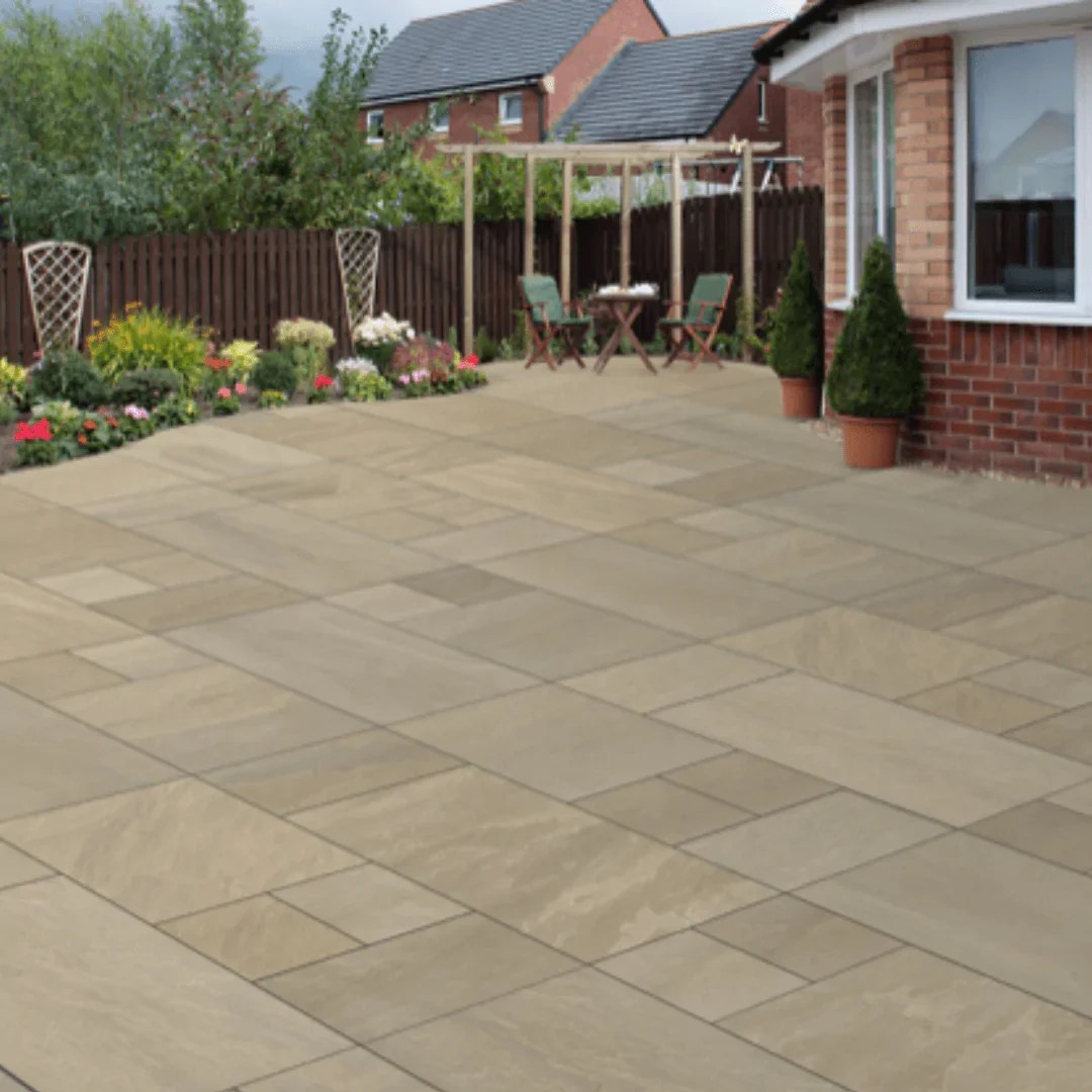 Bradstone Rock Porcelain Paving In Autumn Green Slade's Garden and