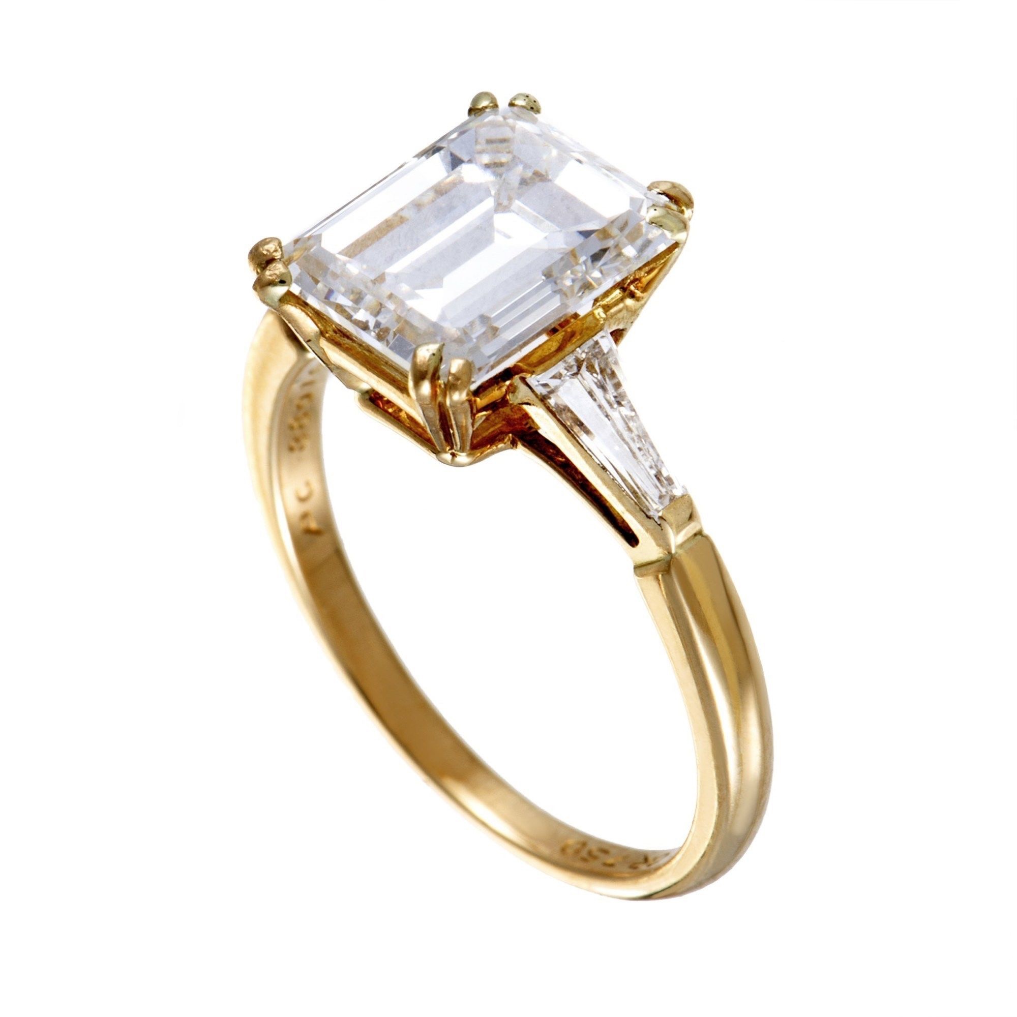 Non Branded Boucheron 18K Yellow Gold Tapered Baguette and Emerald Cut Diamond Engagement Ring