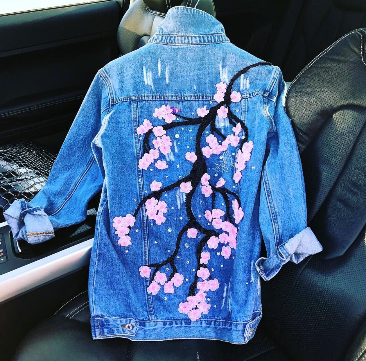 Dark blue denim floral embellished jacket Slaylebrity
