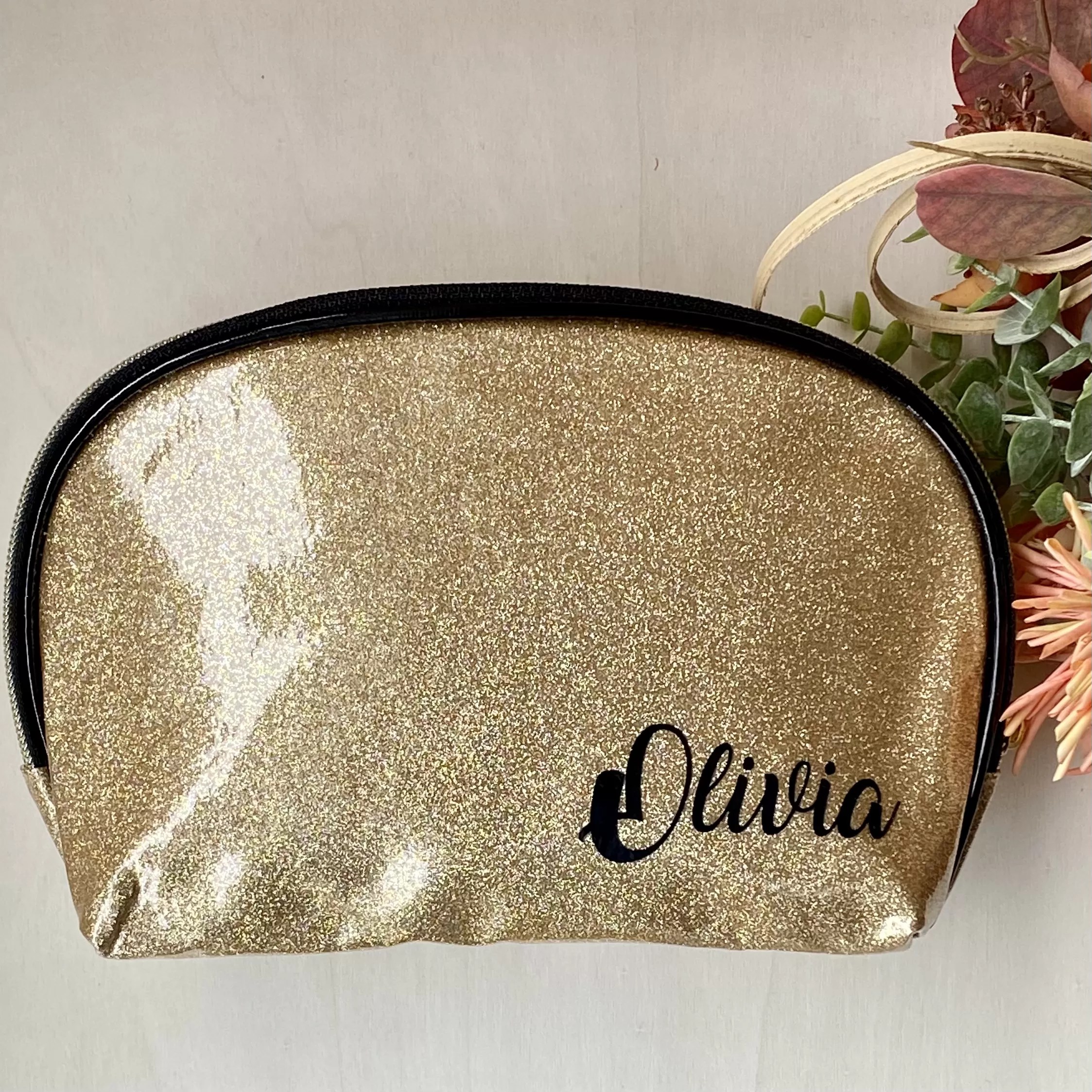Personalised Gold Glitter Cosmetic Bag Sleepovers R Us