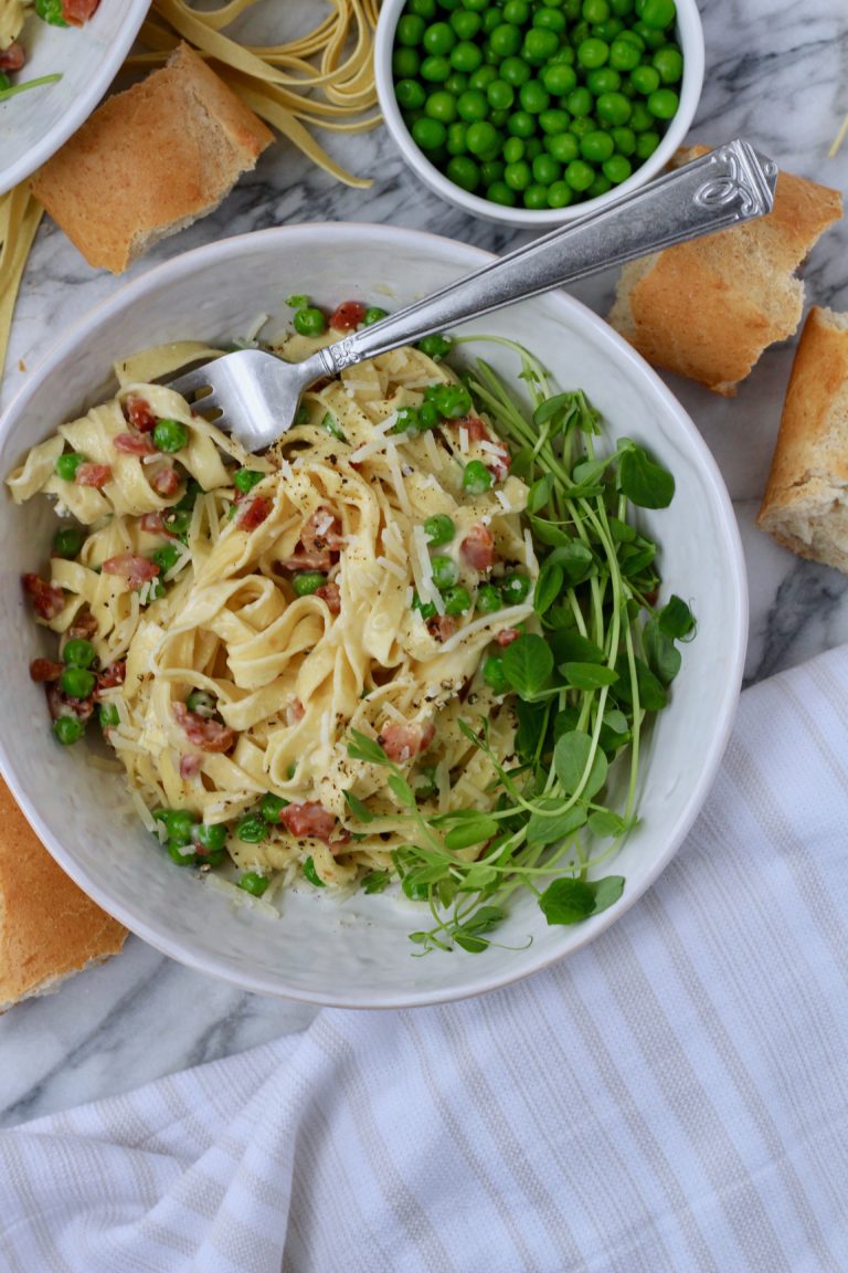 Classic Fettuccine Alfredo with Peas and Pancetta Slice of Jess