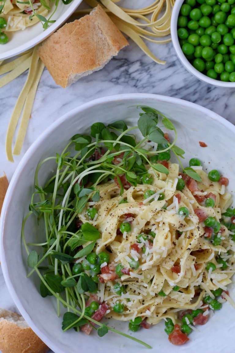 Classic Fettuccine Alfredo with Peas and Pancetta Slice of Jess