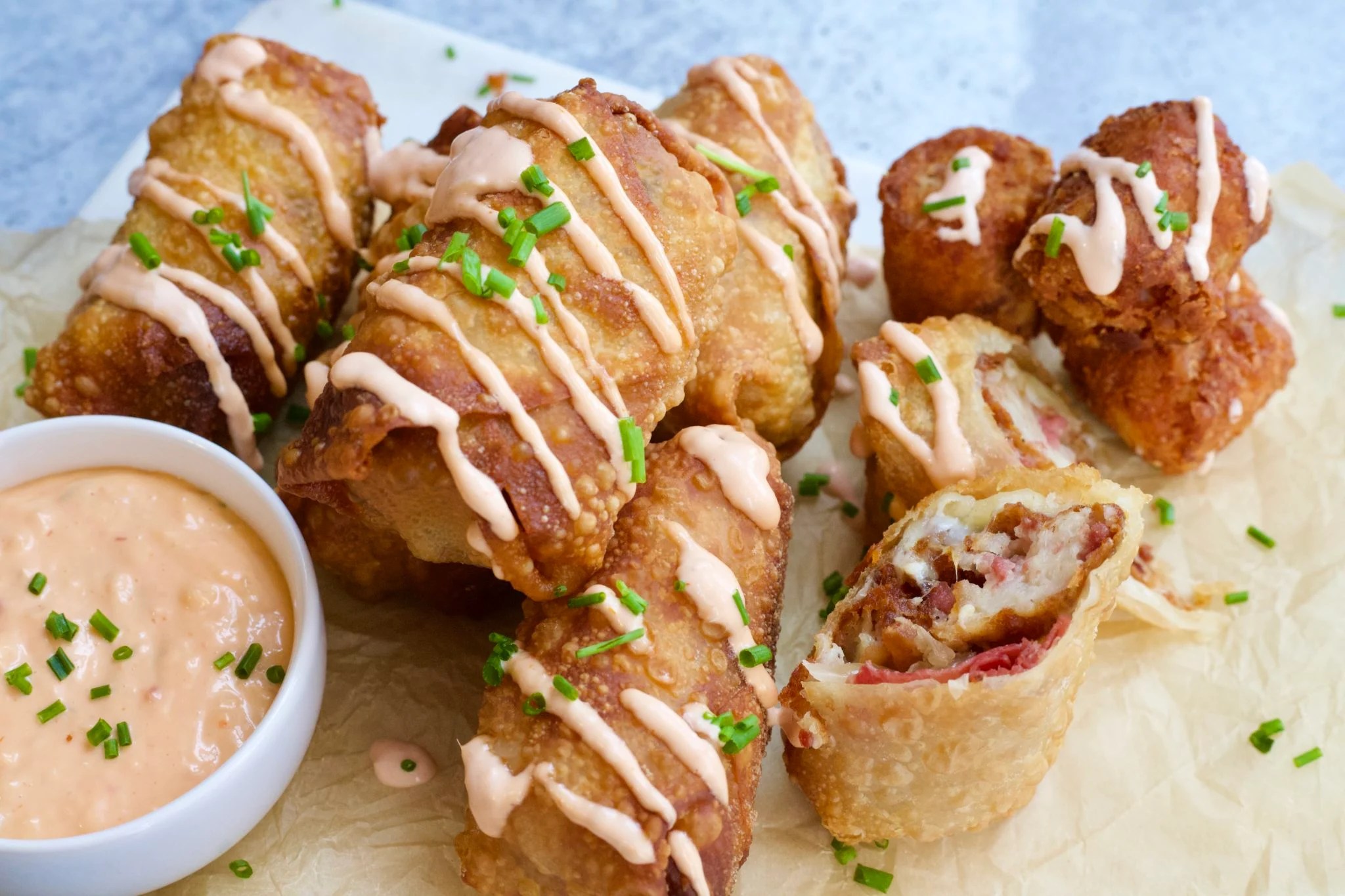 Tater Tot Stuffed Corned Beef Reuben Egg Rolls Slice of Jess