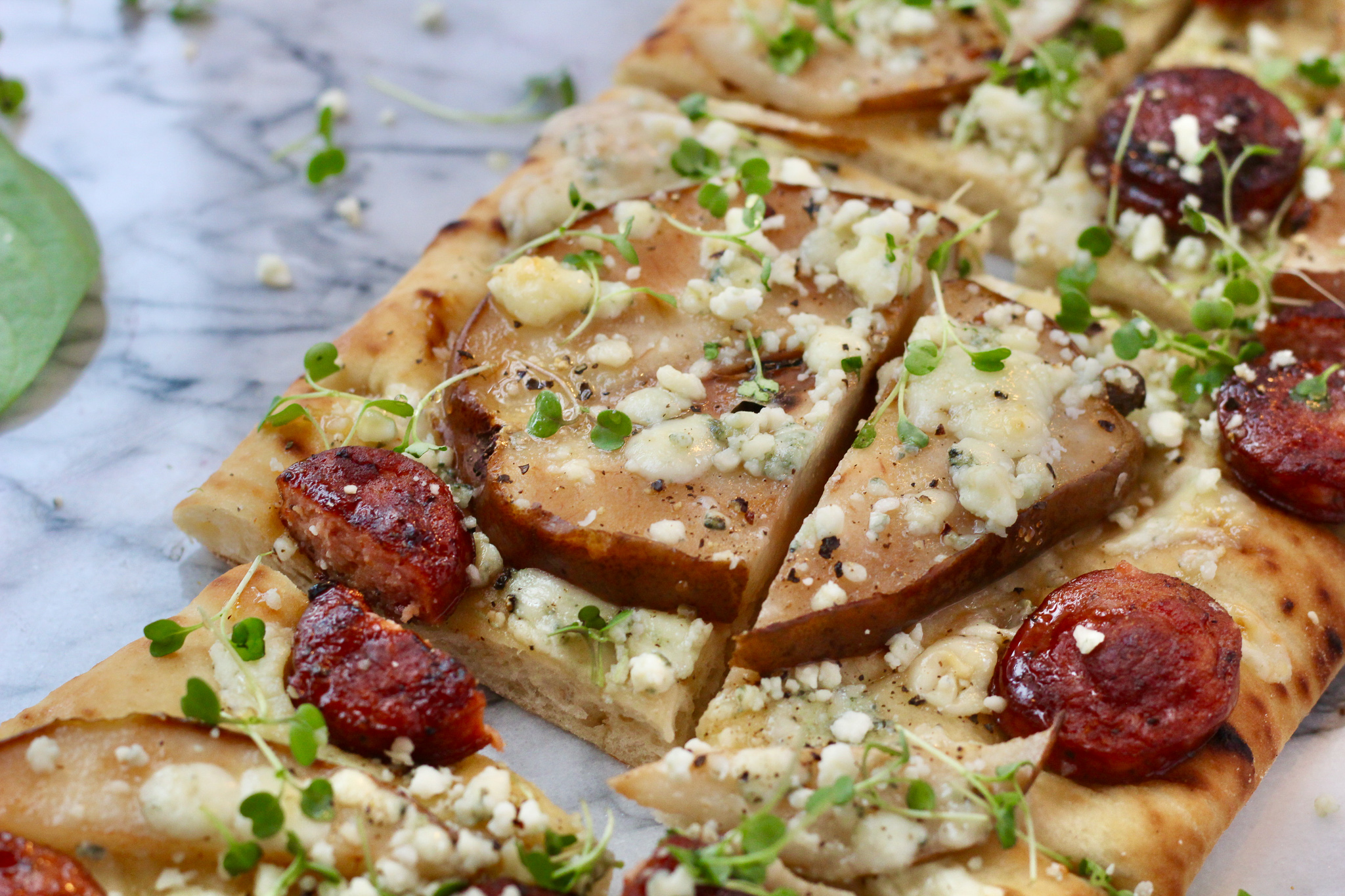 Flatbread Pizza with Pear, Sausage and Honey Slice of Jess