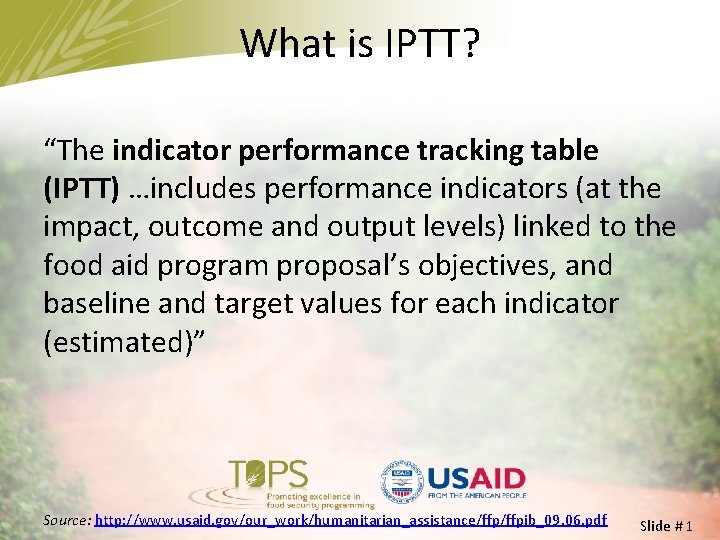 Indicator Performance Tracking Table adapted from FANTA II