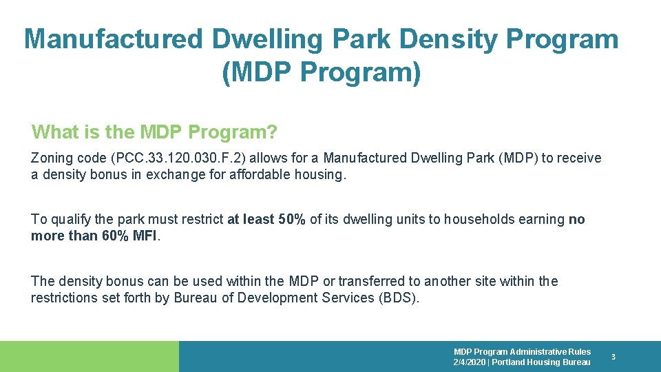 Manufactured Dwelling Park Affordable Housing Bonus Program Public
