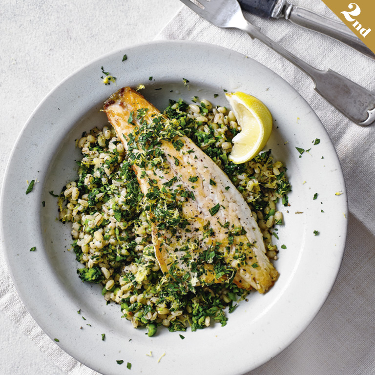 SW recipe Megan’s Sea bass with pearl barley risotto and gremolata Slimming World Encyclopedia