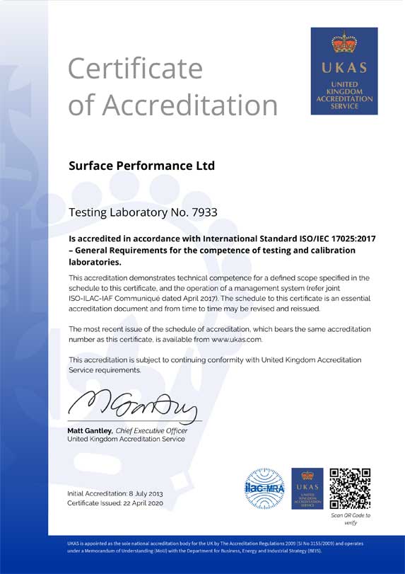 UKAS accreditation for slip resistance testing Surface Performance