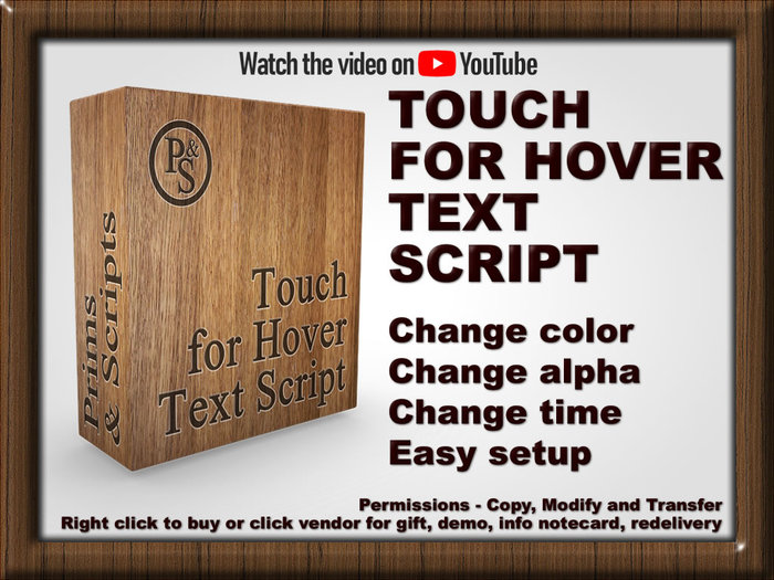 Second Life Marketplace Prims & Scripts Touch for Hover Text Script