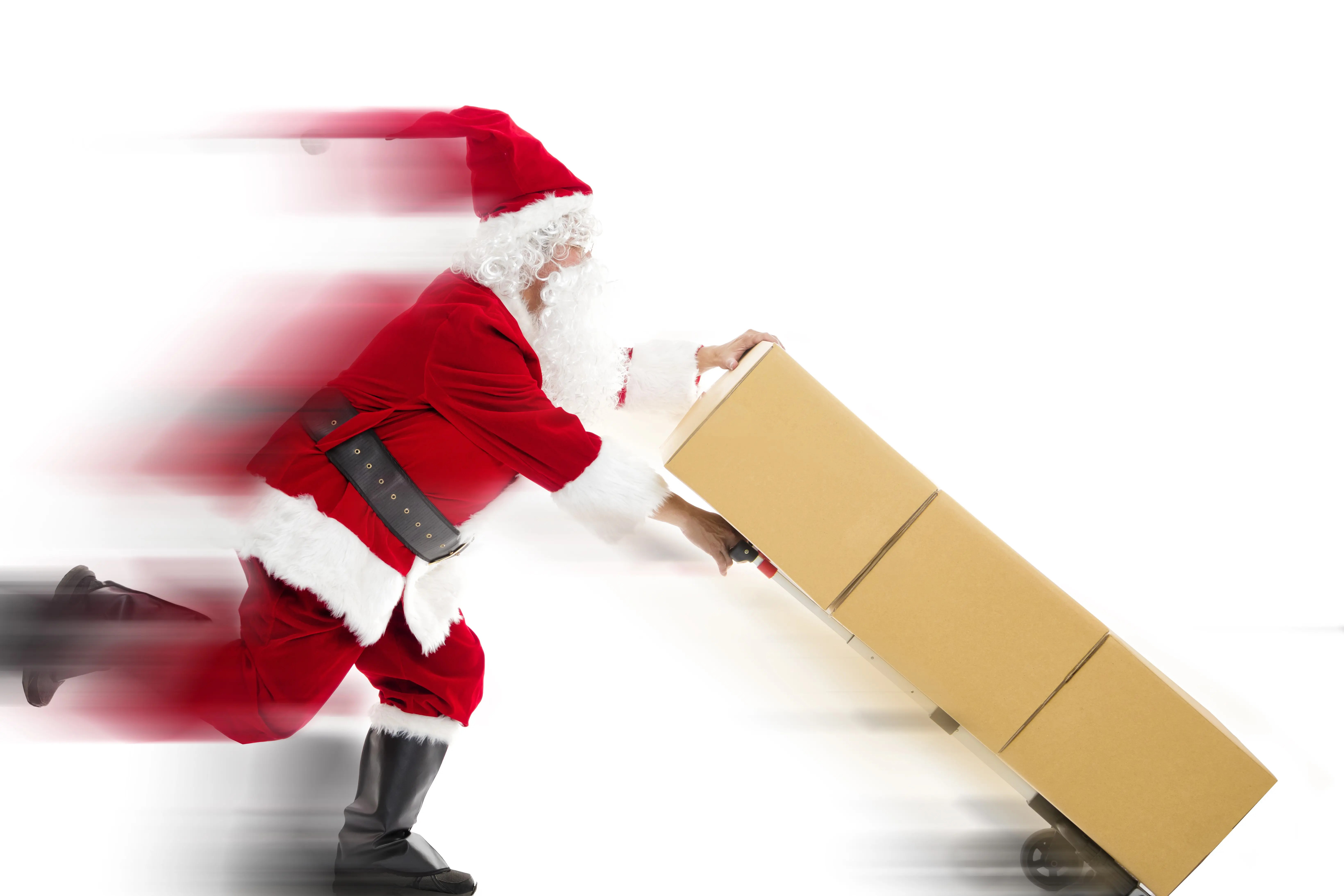 Santa Claus running and delivering Christmas presents Small Business