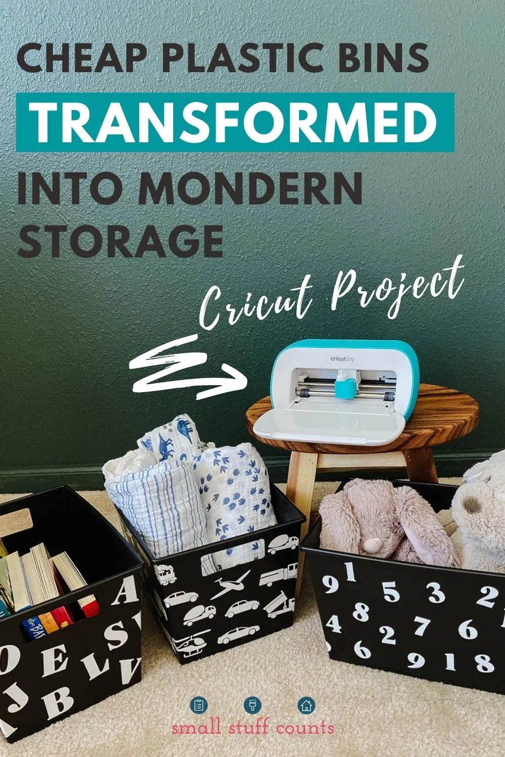 Painted Plastic Bin Makeover With Cricut Vinyl Thrift Store Craft