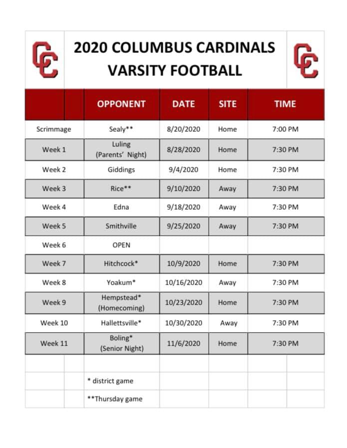 Columbus Cardinals Football Schedule 2024 Sports Schedules Small Town Preps