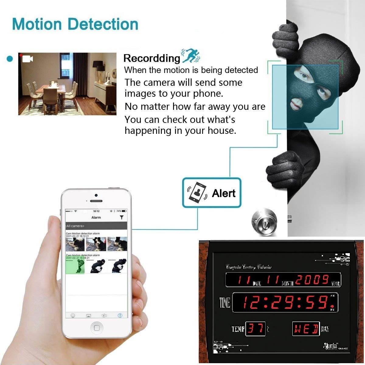 Smars® Digital Spy Wall Clock 1080P Security Camera WiFi Enabled IP Cam