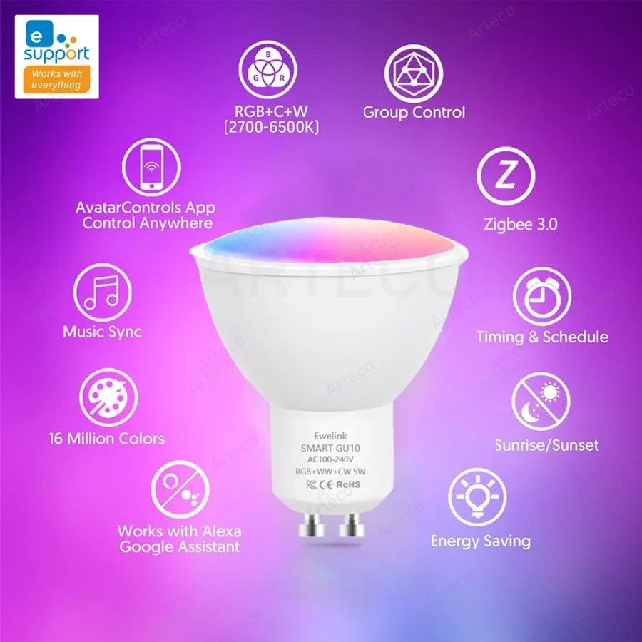 GU10 Zigbee Bulb RGB 5W 100240V Alexa