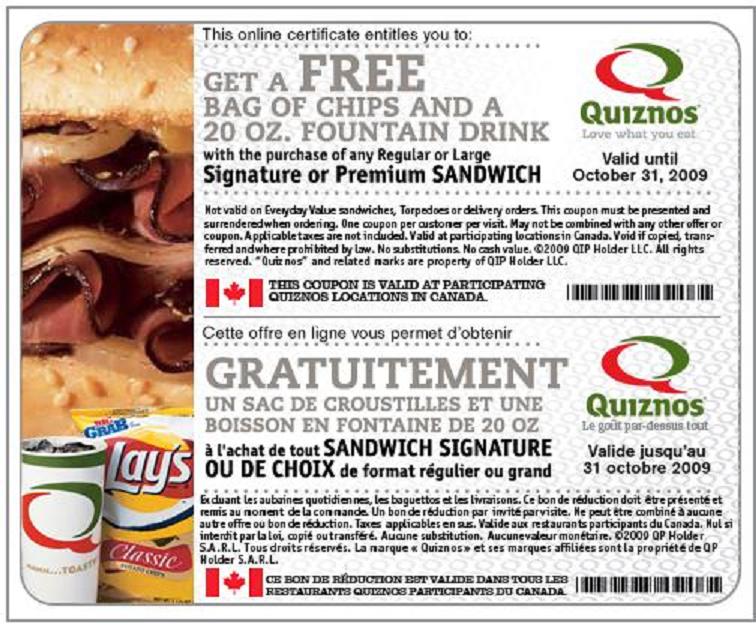 Quiznos Canada Coupons Free Chips & Drink Canadian Freebies, Coupons