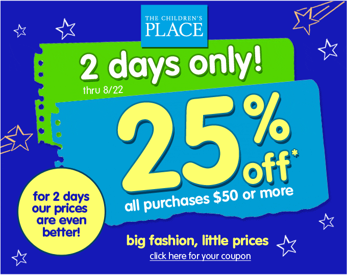 Save money with 100% top verified coupons. 5 of 5 stars determined by 1 votes. Canadian Coupons The Children's Place 25 Off Your 50 Purchase